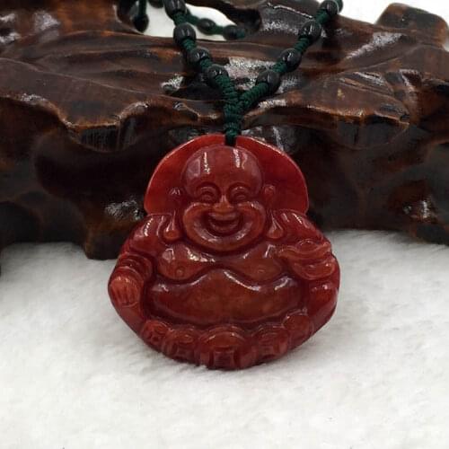 CBN1132 Vintage China Hand-Carved Buddha Red Gem Pendant Necklace Lucky Charm