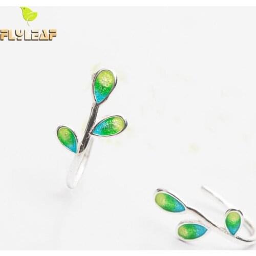 Flyleaf 100% 925 Sterling Silver Enamel Green Olive branch Leaves Clip On Earrings For Women For Women Lady Fashion Jewelry
