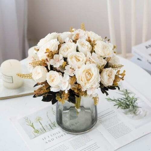 Artificial Flowers Silk Roses Bride Bouquet Home Decor Autumn Wedding Accessories Clearance Garden Fake Peony Hydrangea Plants