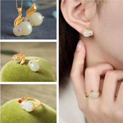 Cute Rabbit Pendant Necklace For Women Jewelry Set 2021 Trendy Choker Necklace Earrings Ring For Lady Anniversary Birthday Gift