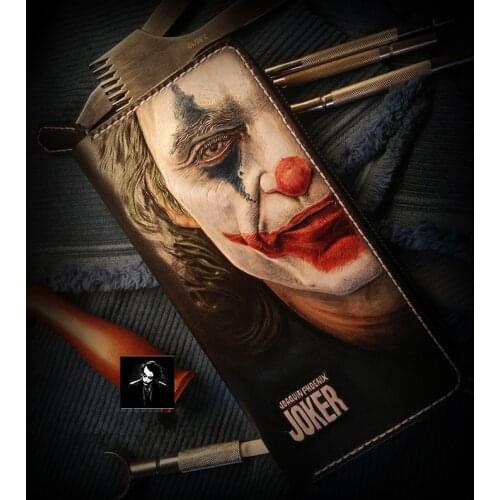 Handmade Wallets Hand Carving Clown Zipper Purses Women Men Long Clutch Vegetable Tanned Leather Card Holder Bag