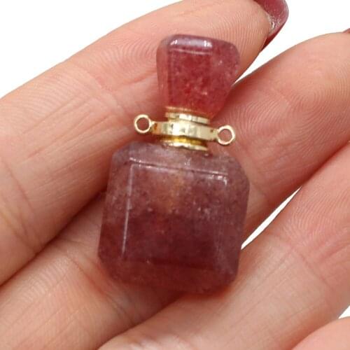Natural Strawberry Quartzs Perfume Bottle Pendants Square Shape Oil Diffuser Pendant Charms for Making Necklace Gift 17x30mm