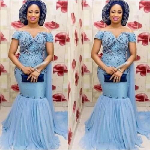 Nigeria Sky Blue Mermaid Prom Dresses Off the Shoulder Beading African Evening Dress Abiye Women Robe de soiree abendkleider