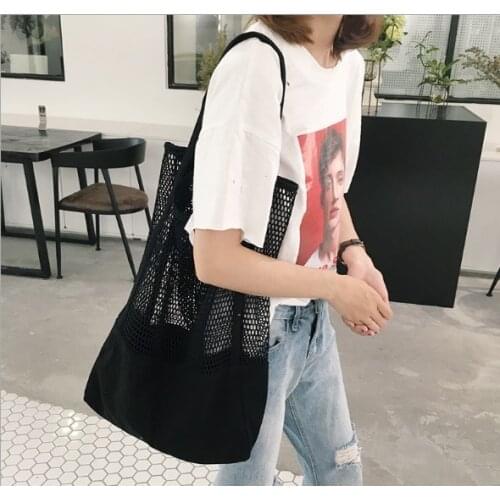New Fashion Canvas Bags Mesh Hollow Shopping Bags Korea Style Large Capacity Portable Beach Shoulder Bags bolso