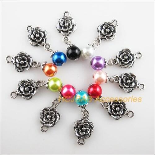 10 New Rose Flower Charms Mixed Glass Beads Pendants Tibetan Silver 12x34mm