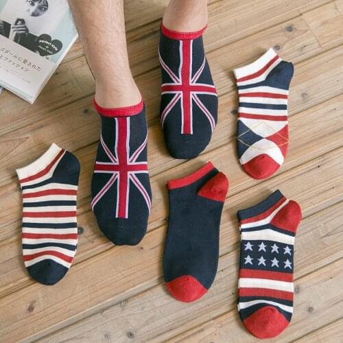 Q 5 Pairs Summer Invisible Boat Socks Leisure Style Breathable National Flag Pattern Non-Slip Ankle Socks For Male Cotton Sock