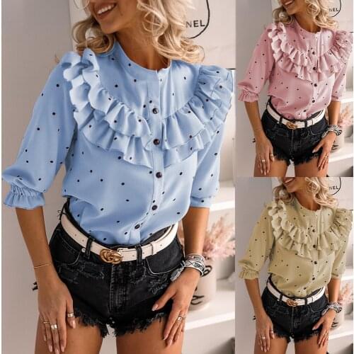 Shirts Womens Tops Summer Polka Dot Print Blouses Ruffles O-Neck Half Seleeve Top For Woman Blouse Femme Blusas Y Camisas Tops