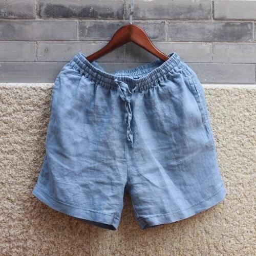 2018 Summer Ladies Solid Vintage Pockets Elastic waist shorts Women Linen Female Shorts Solid Color Linen SHorts