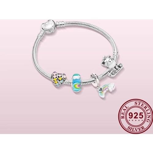 100% 925 Sterling Silver Fashion Rainbow Pendant And Unicorn Beaded Pan Bracelet For Women Wedding Party Gift Fashion Jewelry