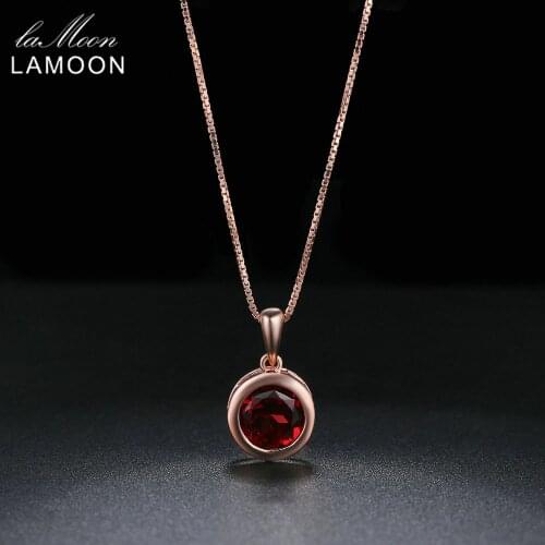 LAMOON Crystal Necklace For Women Natural Round Garnet 925 Sterling Silver Chain Pendant 18K Rose Gold Plated Fine Jewelry NI064