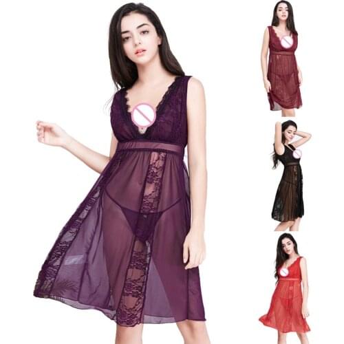 2018 Red/Black/Purple/Wine Red Deep V Women Lace Long Slips Sexy Transparent Nightdress Summer Sleepwear S-XXL