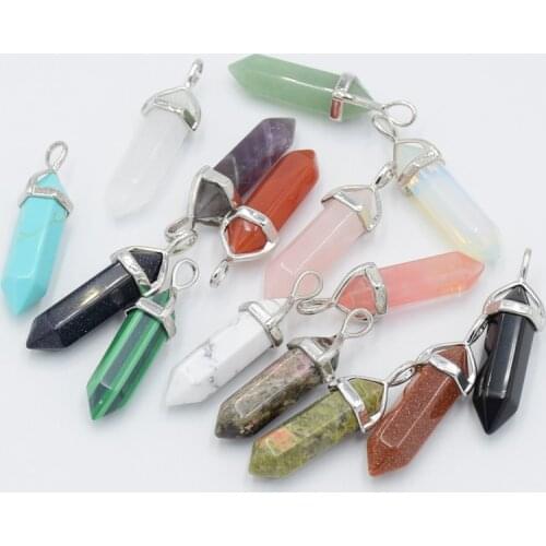 Natural Tiger eye Stone Purple Crystal Quartzs Pendant Hexagonal Column Pillar Bicone Faceted Bead Pendulum Charm Pendants