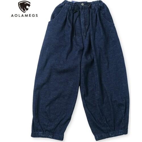 Aolamegs Mens Jeans Japanese Vintage Lantern Baggy Jeans Solid Minimalist Harajuku Wide Legs Cargo Denim Pants Male Streetwear