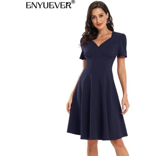 Enyuever Elegant Vintage Dress Women Spring Clothes V Neck High Waist Short Sleeve Pin Up Swing Robe Retro Casual Dress Vestidos