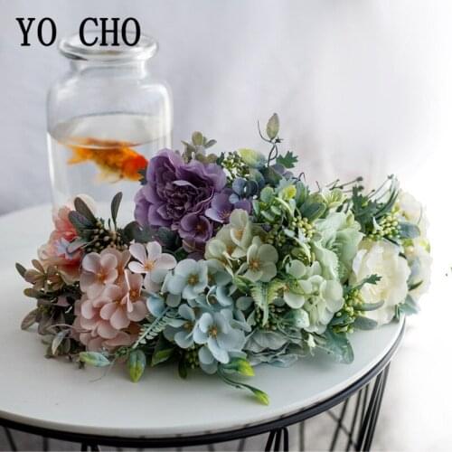 YO CHO Artificial Flower Silk Rose Begonia Mini Bouquet Fake Flower Bridesmaid Wedding Camellia Peony Bouquet Home Party Decor
