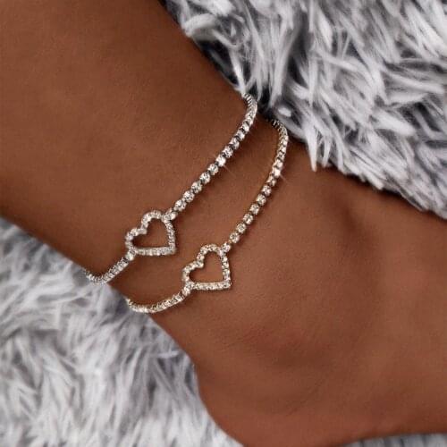 Trendy New Boho Heart Crystal Pendant Anklets Bracelet for Women Bling Tennis Chain Rhinestone Summer Foot Jewelry on the leg