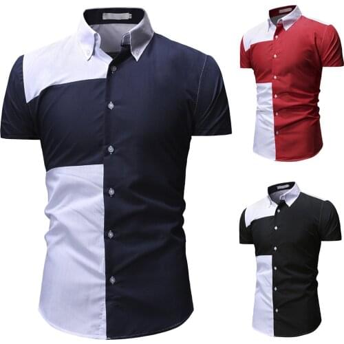 Mens Short Sleeved Shirt Turn Down Collar Patchwork Cardigan Shirt Casual Color Contrast Single-Breasted Tops