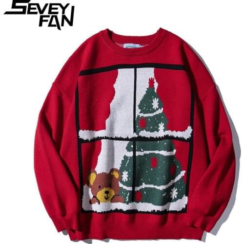 SEVEYFAN Mens Ugly Christmas Sweater Cartoon Bear Loose O Neck Knitwear Winter Fashion Pullover for Couples
