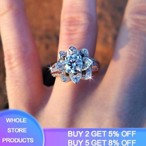 New Fashion Creative Flowers Crystal Finger Wedding Rings for Women White Gold Pt Zircon Glamour Ring Jewelry Girl Gift Bijoux