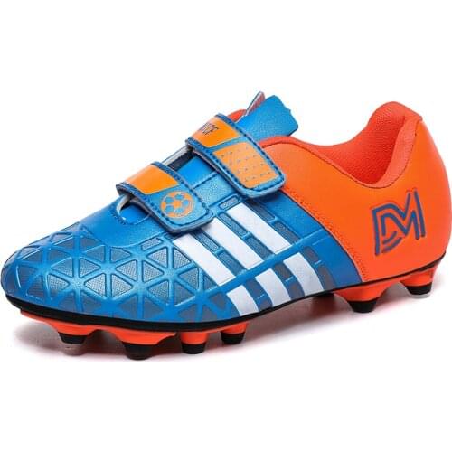 Orange Kids Soccer Shoes Indoor Hook And Loop Futsal Shoes Boys Letter Pringting Long Spike Football Shoes Kid Zapatos De Futbol