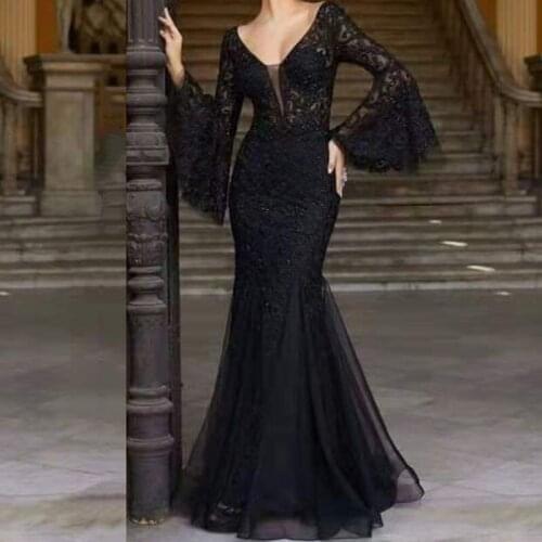 Black Lace Dresses Mermaid Evening Party Night Club Floor Length Deep V Neck Flare Sleeve Fishtail Dress Vestidos Robe 2020 Hot