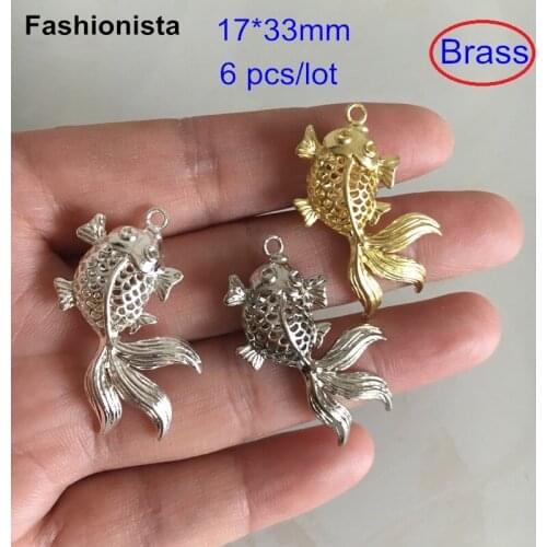 6 Brass Casting 3D Goldfish Charms Pendant,18*33mm Hollow Filligree Fish Charms,Delicate Jewelry Findings,Silver-color,Bronze