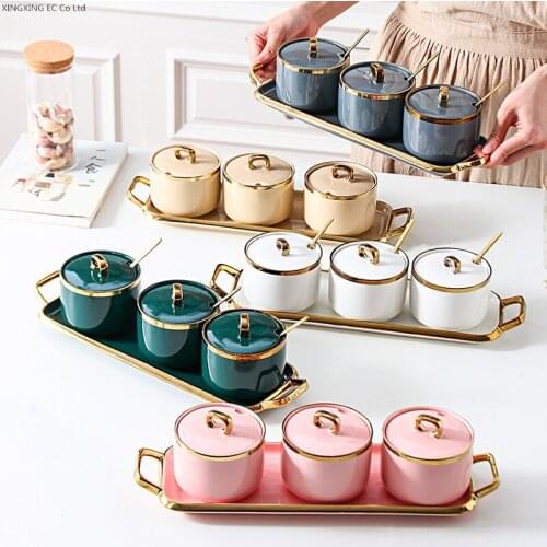 Sugar Bowl Household Ceramic Seasoning Jar with Lid Seasoning Box Nordic Glass Jar Kitchen Storage Container Seasoning Bottle