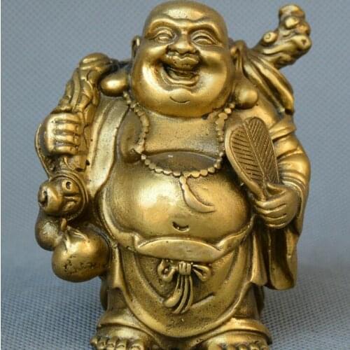 Collect Chinese old Bronze hop-pocket Buddhist monk smile Maitreya Buddha Statue