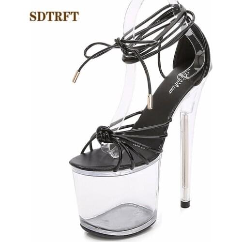 SDTRFT Stilettos zapatos mujer 20cm thin heels platform Ladies Transparent sandals Narrow Band shoes woman Party Dance pumps