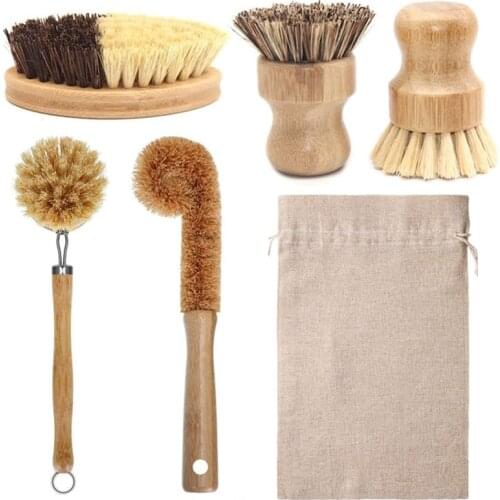 Kitchen Cleaning Brush Natural Bamboo Cleaning Brush Set Pot Dish Scrub Brush with Handle and Flannel Bag Kitchen Brushes