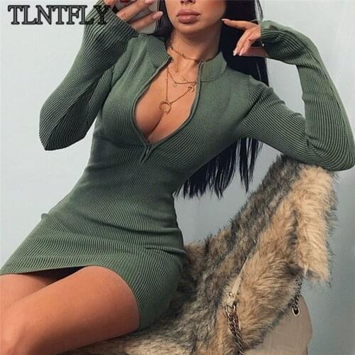 TLNTFLY Autumn/Winter All-Match Neckline Zipper Sexy Slim Long Sleeve Dress Woman Club Party Elegant Bag Hip Dresses Vestidos