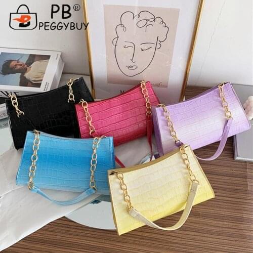 Vintage Women Gradient Color PU Leather Shoulder Underarm Bag with Thick Chain Casual All-match Alligator Pattern Zipper Handbag