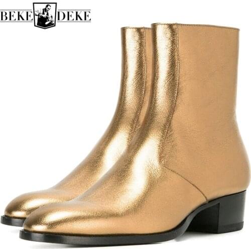 Top Quality Chelsea Boots Zipper Western Boot Gold Metallic Leather Ankle Boots Mens Leather Shoes Plus Size 36-47 Free Shipping