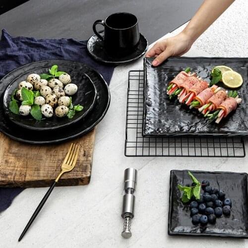 Japanese Ceramic Stone Pattern Black Glaze Dinner Plate Steak Salad Plate Home Dessert Sushi Square Dish Restaurant Tableware