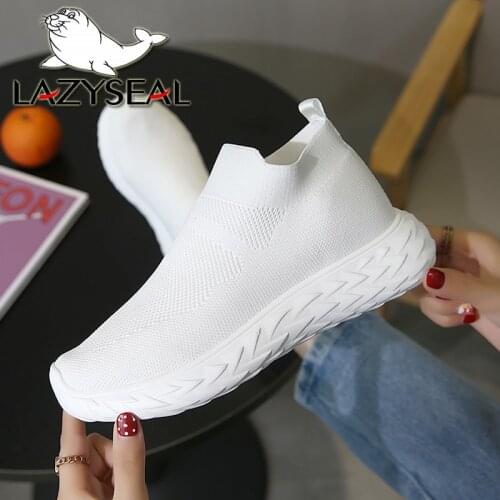 LazySeal White Sneakers Women Platform Ankle Boots Shoes Cotton Fabrics Breathable Round Toe Slip-on Flats Ladies Footwear