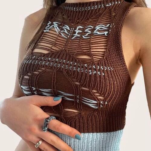 Women’s Fashion Contrast Color Knitted Vest Sexy Hollow Out Round Neck Exposed Navel Sleeveless Tops