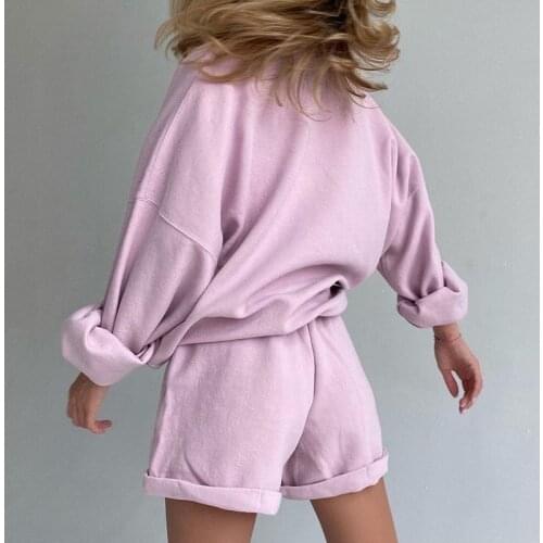 2021 Casual Two Piece Set For Women O Neck Lantern Sleeve Top High Waist Lace Up Shorts Loose Set Female New Style