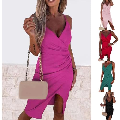Bodycon Dress V Neck Folds Women Sleeveless Split Hem Waist Tied Dress for Wedding Sexy Prom Dresses