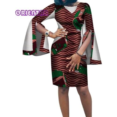 2020 African Print Dresses for Women Dashiki Bazin Riche African Flare Sleeve Dress Plus Size Traditional Africa Clothing WY3368