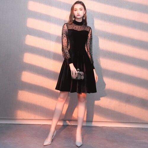 Beauty Emily Evening Dress Black Dot Print Long Party Gowns Simple Full-sleeves Floor length Wedding Formal Dresses