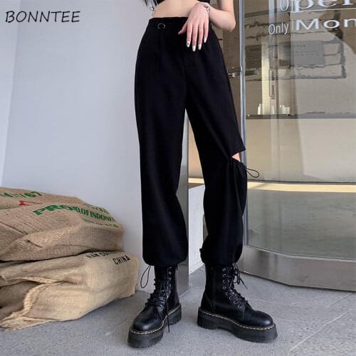 Cargo Pants Women Chic Harajuku Holes Design Black Trendy High Street Teens Streetwear Summer All-match Casual Ladies Trousers