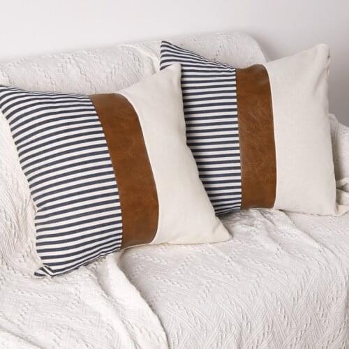 PU Leather Stitching Cushion Cover 45x45cm Cotton Canvas Plain Grey Blue Black Striped Pillow Cover for Sofa Bed Home Decoration