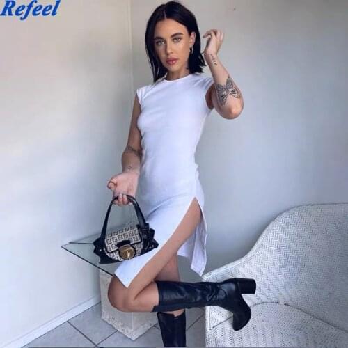 Black Solid Elegant Dress Women High Split Sexy Party Outfits Sleeveless Bodycon Summer Dress Female White Streetwear