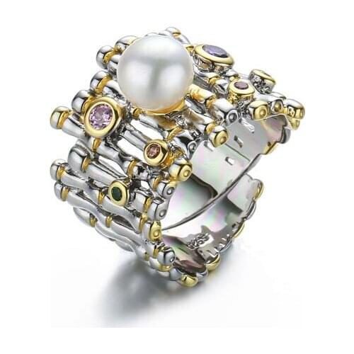 DAIWUJAN 925 Sterling Silver Multi Color Zircon Open Rings Natural Freshwater Pearl Baroque Rings for Women Jewelry Adjustable