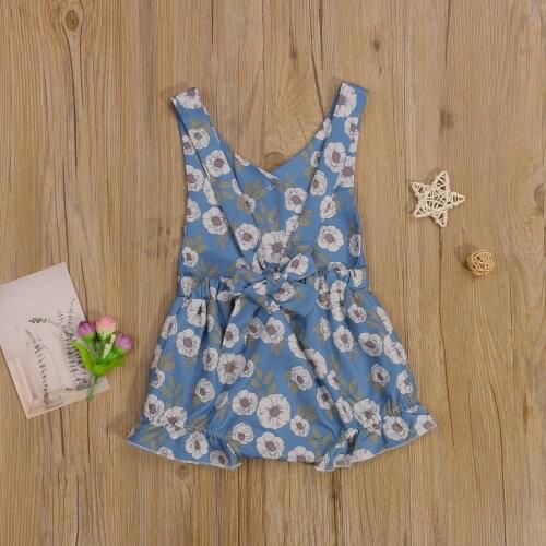 0-18 Months Baby Summer Latest Floral Short Cotton Jumpsuit With Floral Lace Romper Girl Sleeveless V-Tie Ruffled Jumpsuit