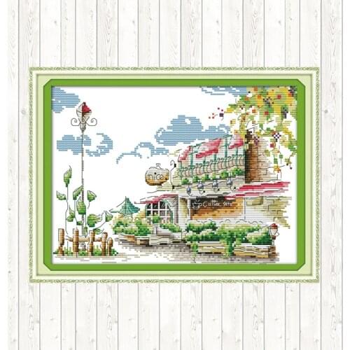 Counted Cross-stitch Embroidery Kit Landscape Painting Coffee House 14ct 11ct Printed Canvas DMC DIY Hand Crafts for Needlework
