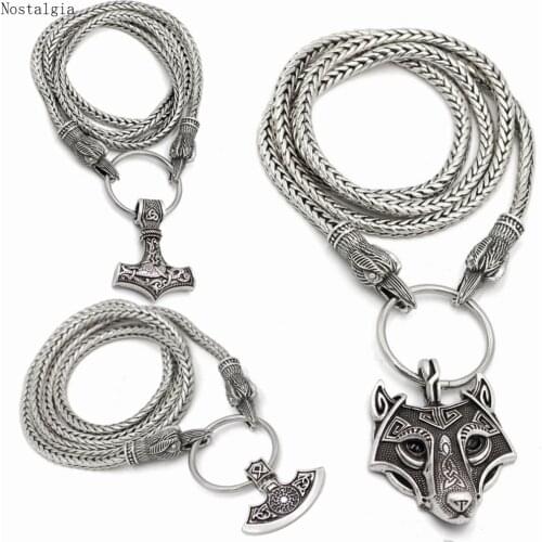 Nostalgia Teen Wolf Thor Hammer Slavic Wheel Axe Viking Raven Heads Collier Sautoir Long Chain Necklace Men Women Goth