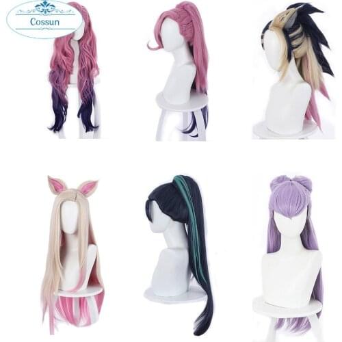 LOL KDA The Baddest Ahri Akali Kaisa Evelynn Seraphine Cosplay Costume Wigs Women Heat Resistant Wig + Wig Cap