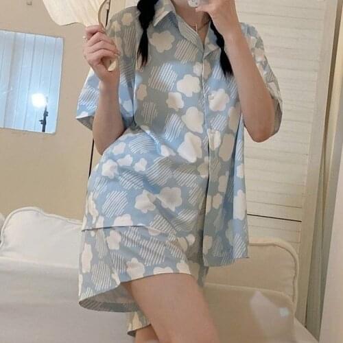 QWEEK Japanese Kawaii Sleepwear Pajama Set Women Cloud Printing Cute Pijamas Teen Girls Summer Home Clothes Pyjamas Lounge Wear