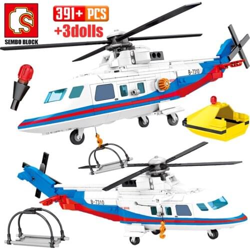 SEMBO 391pcs City Police Helicopter Model Building Blocks Military Emergency Rescue Plane Figures Bricks Toys for Children